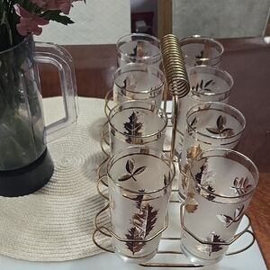 Vintage Libbey Leaf Design Glass Set with Gold Holder